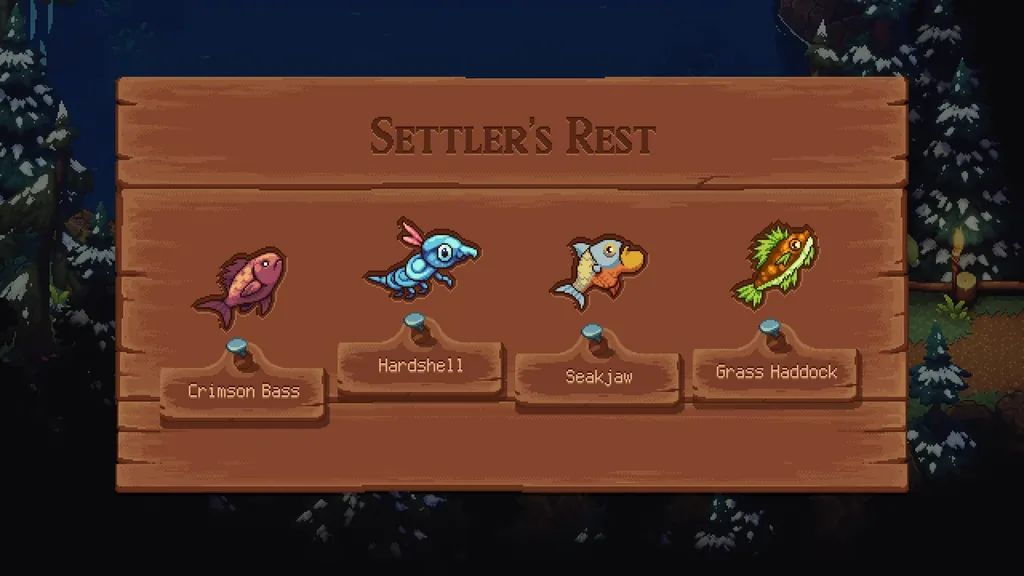 The Settler’s Rest fish board: Crimson Bass, Hardshell, Snakjaw and Brass Haddock