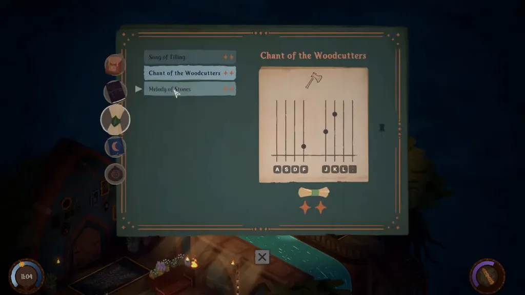 The spellbook page for Chant of the Woodcutters with its notes on the staff