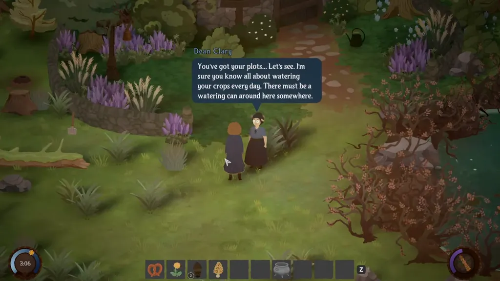Dean Clary and the player in the overgrown garden