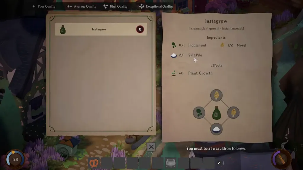 The Instagrow recipe card with its ingredients and effect