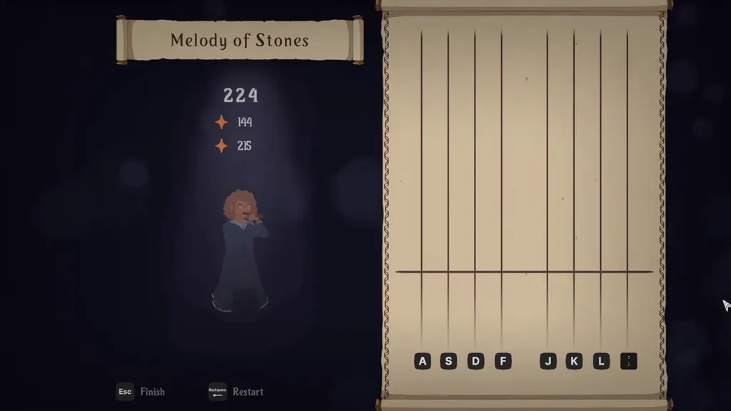 Lesson result for Melody of Stones: 224 points, targets 144 and 215
