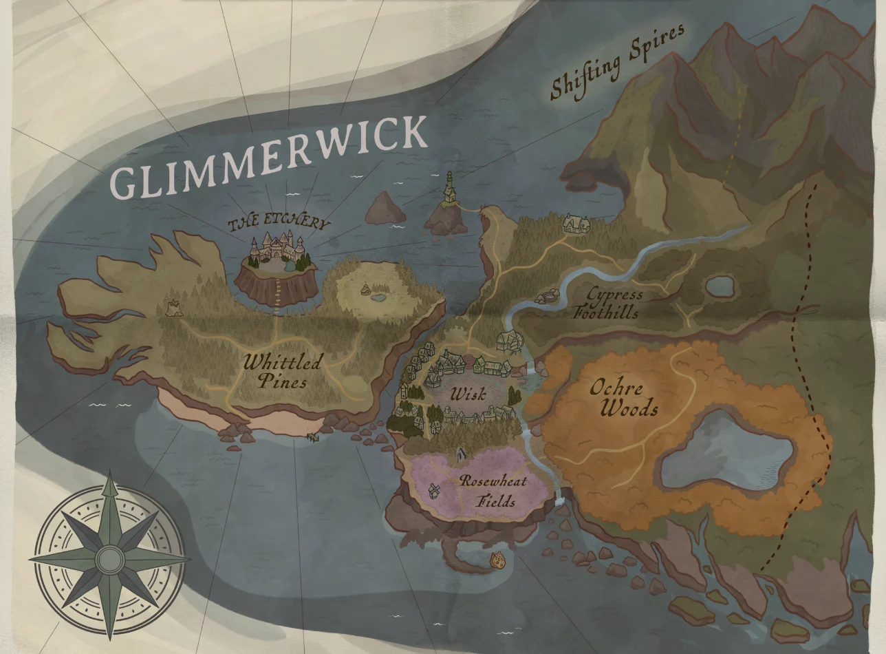 Map of Glimmerwick with the 17 spider webs, the wild honey bees and the mountain bees marked