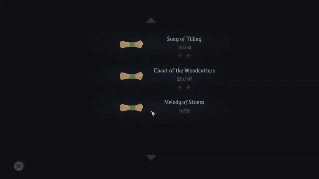 The practice room song list with best scores and stars