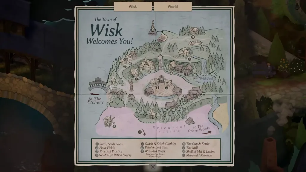 The town map of Wisk with its numbered shops