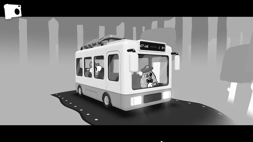 The bus driving through the forest