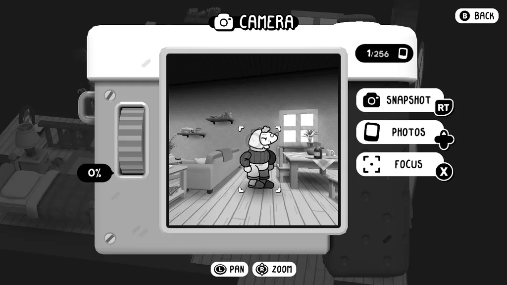 Camera view with Nana in frame in the living room
