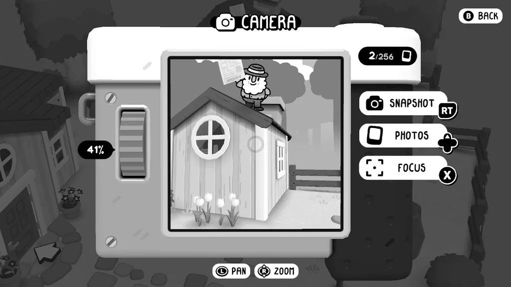 Camera view of the villager on the shed roof holding a sheet of paper